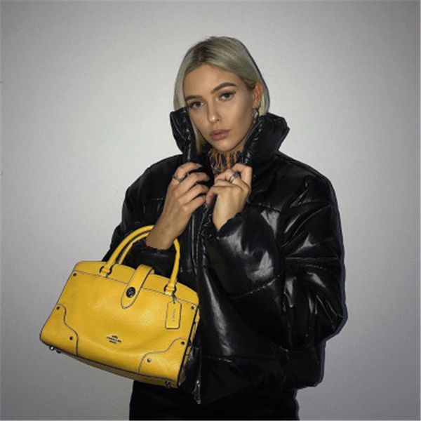 

2020 new winter female cotton clothing fashion short warm stand collar solid color zipper lace up leisure women top, Black