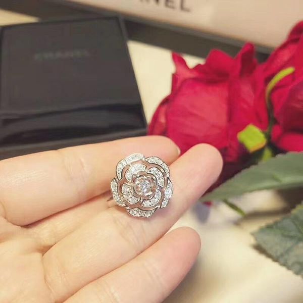 

woman sterling silver 925 rings womens party diamond camellia rings wedding engagement jewelry, Slivery;golden