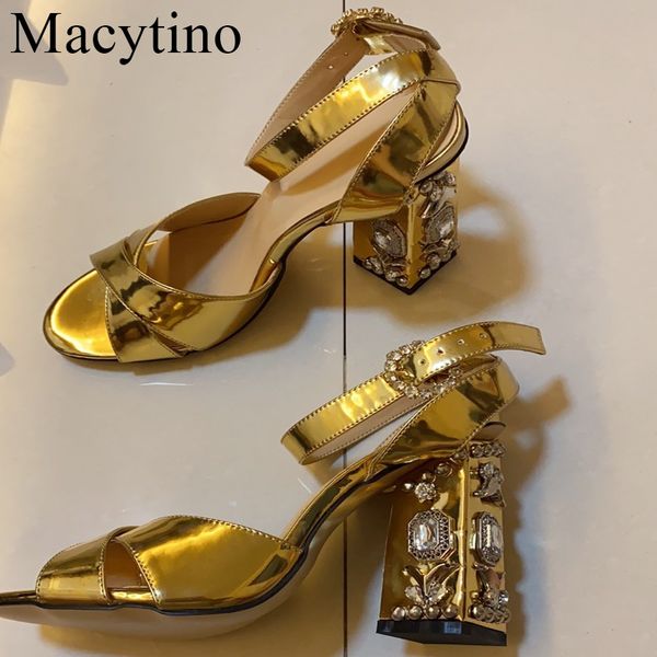 

luxury shoes women sandals designers block heel gold summer shoes ankle strap bling bling crystal chunky pumps plus size 43, Black