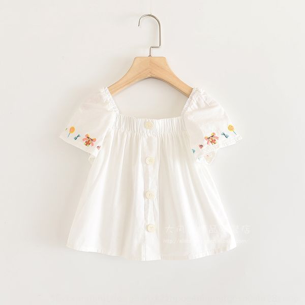 

1128-02 2020 summer new bow embroidered girl's square collar shoulder short sleeve dress embroidered dress, White;black