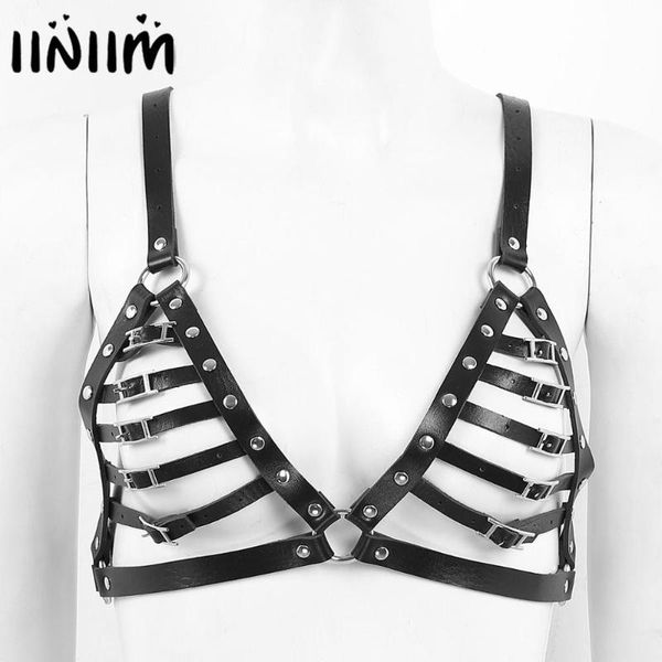 

womens fashion punk gothic leather hollow out cups strappy body chest bust harness belt with o-rings roleplay costume clubwear, Black;brown