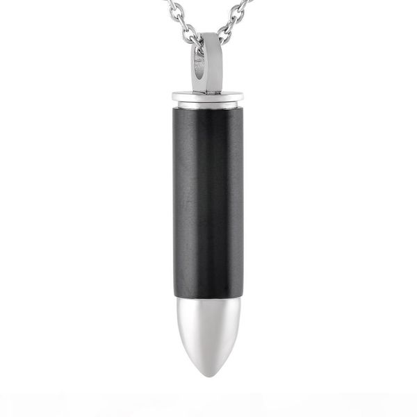 

ijd9817 stainless steel customized black cylindrical bullet cremation souvenir pendant for ash urn cylinder memorial keepsake necklace, Silver