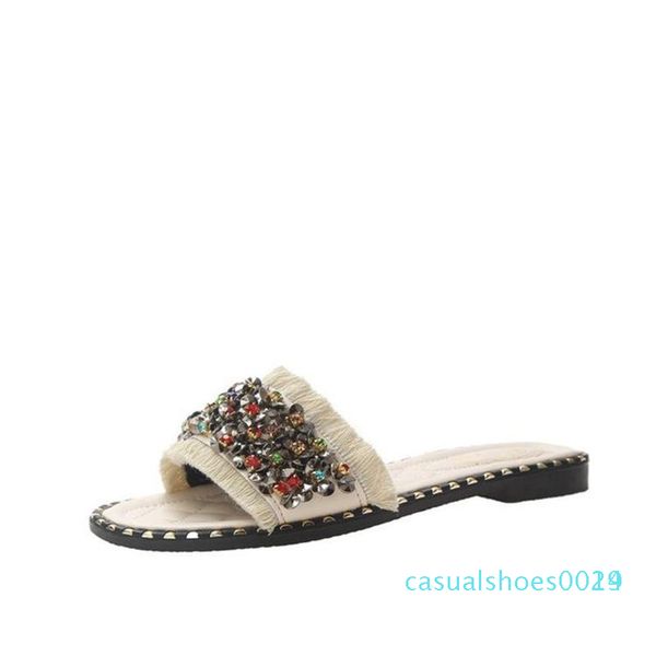 

tassels slippers women crystal flat open toe bling rhinestone ladies slides sewing non slip outside summer fashion female shoes c14, Black