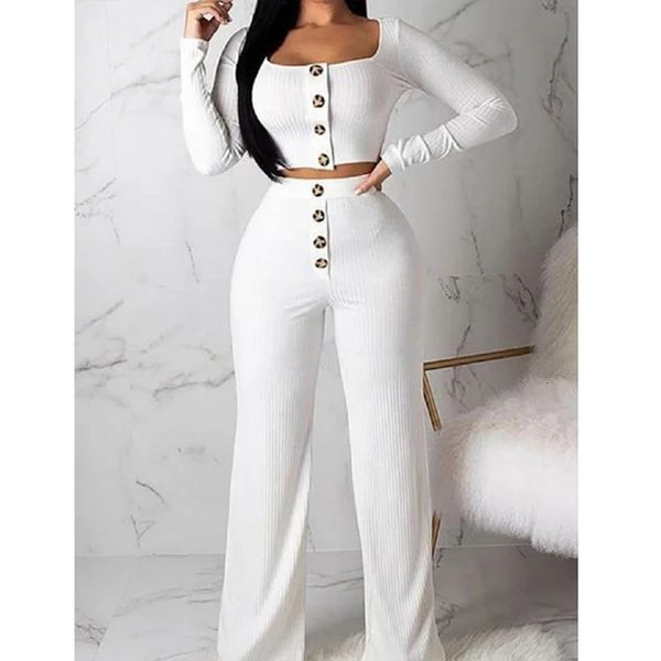 

two piece set buttons knitted rib women casual long sleeve crop +high waist wide leg long pants knitted tracksuit outfits, Gray