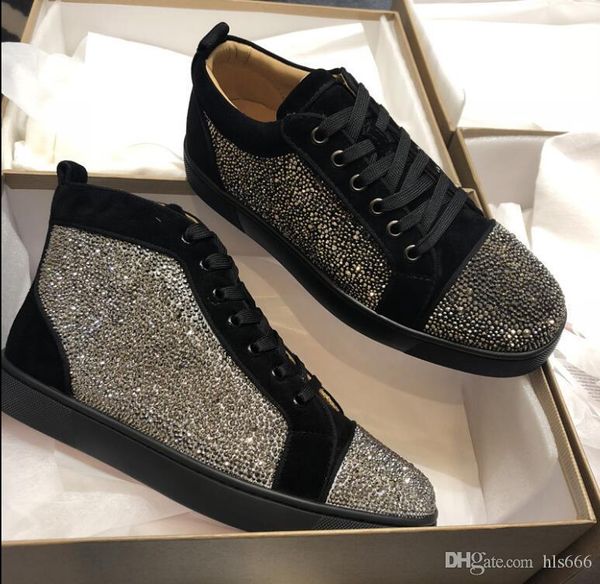 

brands party dress luxe sneaker shoes mens womens red bottom high sneakers strass leather flats with outdoor casual walking shoes 35-47, Black