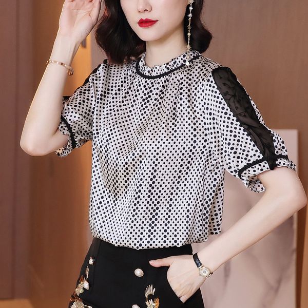 

polka dot blouses for ladies silk blouse chiffon women summer and bloues blusas mujer de moda women's shirts, White