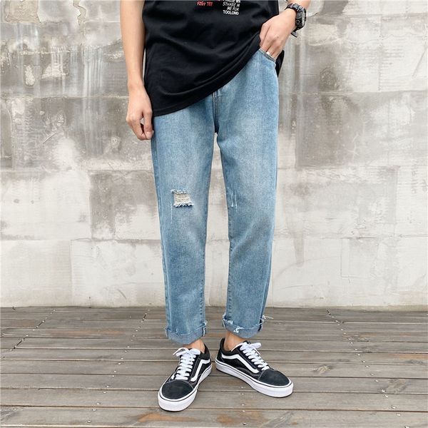 

разорванный прямые джинсы мужская мода сплошной цвет вскользь ретро jeans men streetwear wild сыпучие hip hop hole джинсовые брюки мужские, Blue