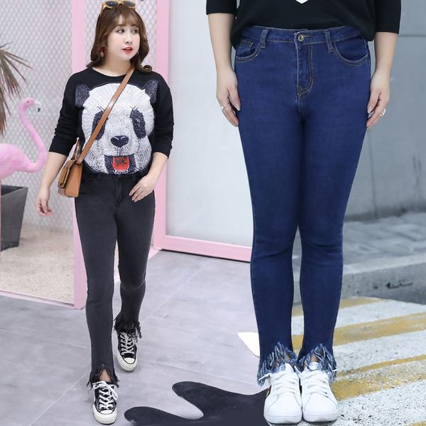 

spring new fat sister large tight pants and jeans size women's clothing fashion woolen jeans personalized leggings leggings 0016-bfd, Blue