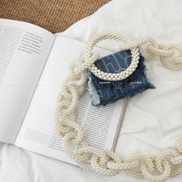 

fashion luxury oxford jacquard letter pearl chains with tassel message mini denim bag handbag women shoudler lipstick bag