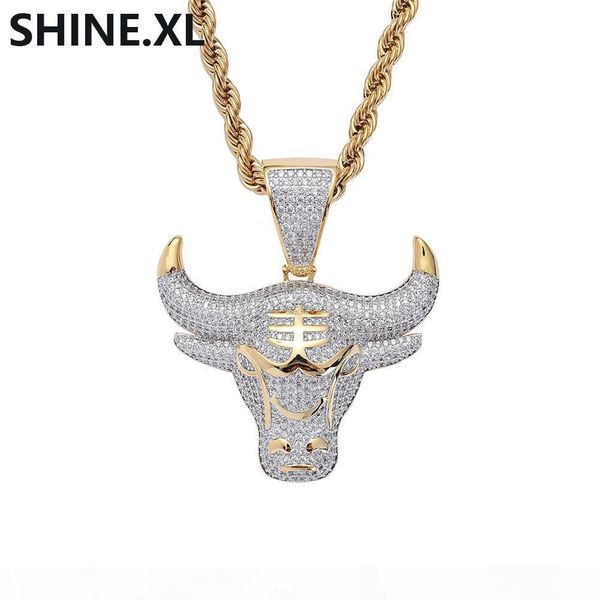 

iced out gold plated cow head pendant necklace micro paved zircon come with rope chain men jewelry gift, Silver