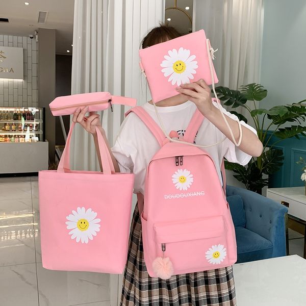 

2020 four-piece new male and female student schoolbag daisy backpack campus backpack four-piece set mother bag, White