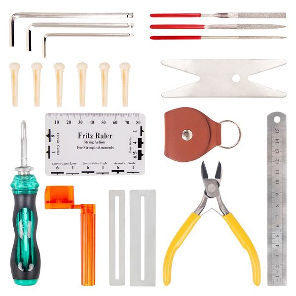 

26 pcs guitar repair tool kit wire plier,string organizer,fingerboard protector,hex wrenches,files,string ruler action ruler,spanner wrench