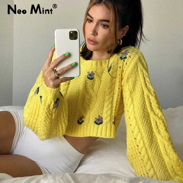

sweet girls women's floral embroidery crop sweater women autumn winter chic knitwear thick warm loose pullover jumper female, White;black