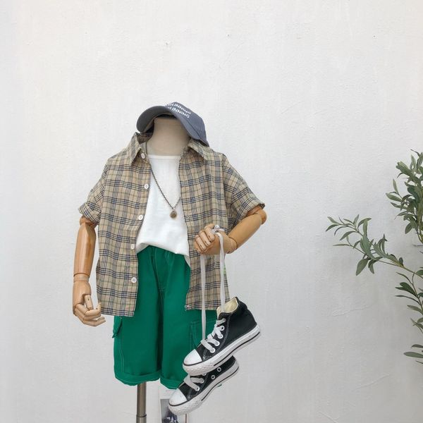 

2020 plaid tong chen shan tong chen shan boys and girls short sleeve medium and large children's shirt korean children's shirt, White;black