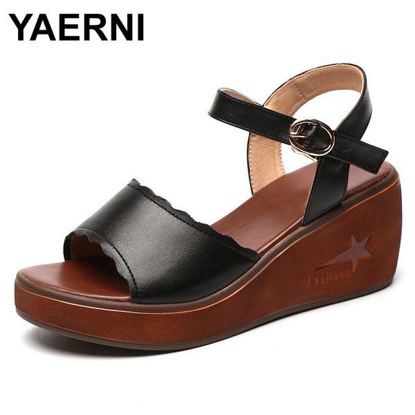 

yaernibig size34-43genuine leather shoes woman summer 2020 platform sandals ladies wedge heels leather sandals women beach shoes, Black