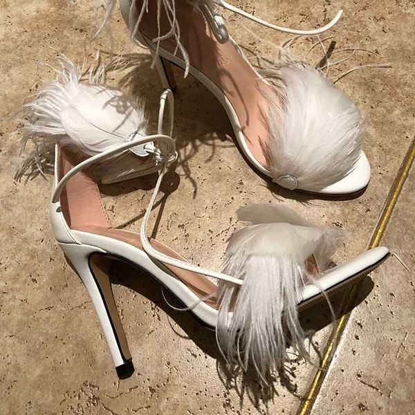 

2020 summer new women white feather sandals gladiator ankle strap bridal wedding shoes black thin high heels sandalias femmes