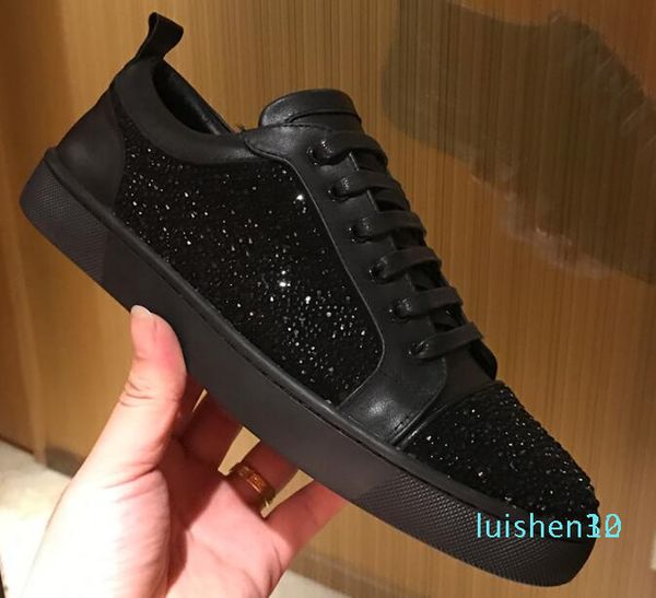 

new 2019 designer sneakers red bottom shoe low cut suede spike shoes for men and womens shoes party wedding crystal leather sneakers l12, Black