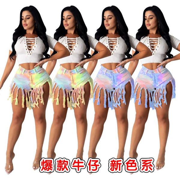 

zoctuo women tassels gradient jean shorts mid waist skinny short denim pants 2020 casual fashion streetwear ripped jeans, Blue