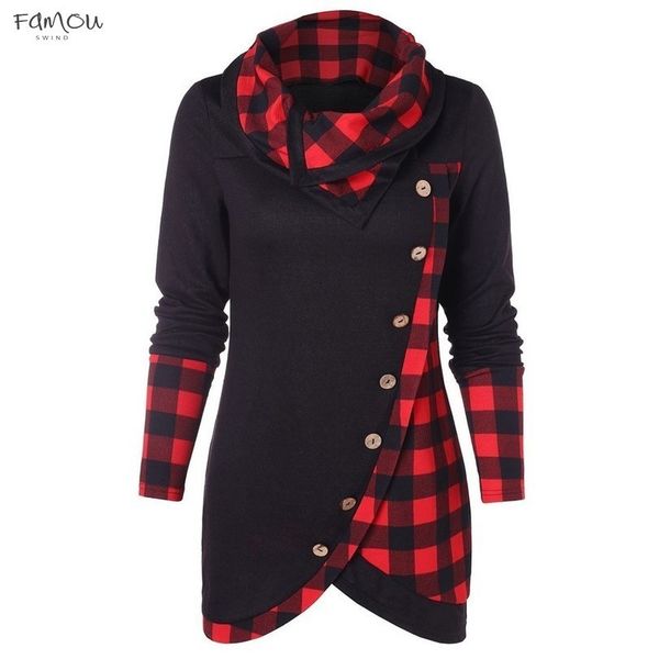 

s 2xl new winter blouse women long sleeve tartan tunic sweatshirt button clothing plaid turtleneck female pullover 30, White