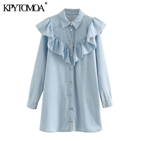 

kpytomoa women 2020 chic fashion ruffled denim mini dress vintage lapel collar long sleeve female dresses vestidos mujer, Black;gray