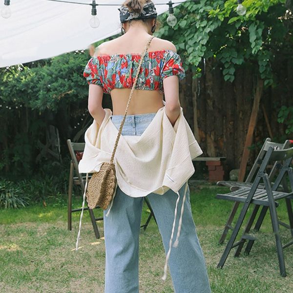 

women beach bag round straw crochet shoulder summer bag purse