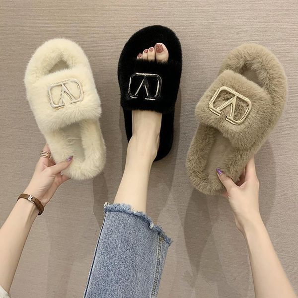 

fur slippers women shoes woman outdoor fluffy slippers flat warm cotton winter fur slides 2020 autumn new, Black