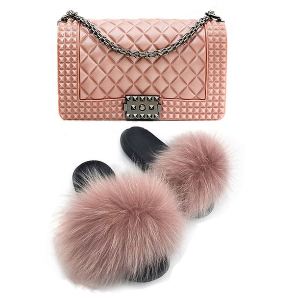 

fashion luxury chain rainbow purse lady colorful bags and slippers set women candy jelly hand bags with real fox fur slides set, Black