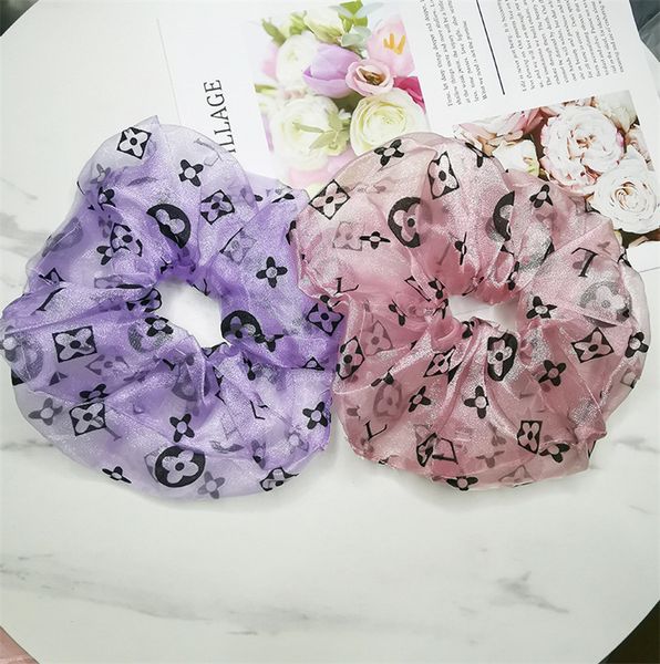 

fashion organza scrunchies hair band brand hair ring elastic ponytail holder designer women girls large intestine hairbands accessory d73005, Slivery;white