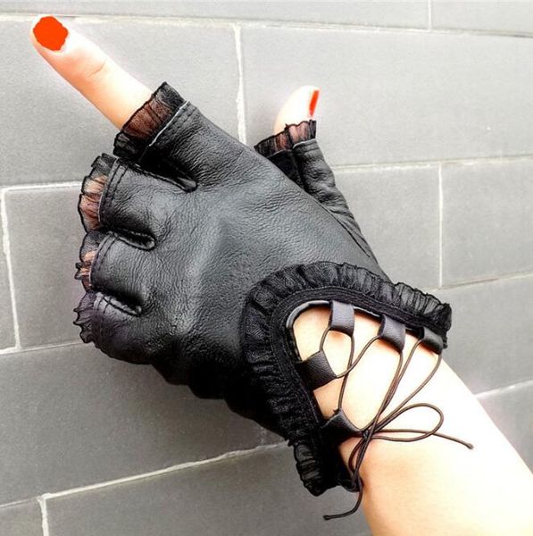 

new fashion half finger gloves women genuine leather black gloves creative girls sheepskin lace dance mittens, Blue;gray