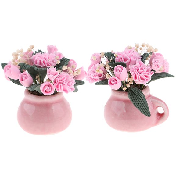 

lot 2 dollhouse miniature pink flower in vase dolls family decor kits 1:12