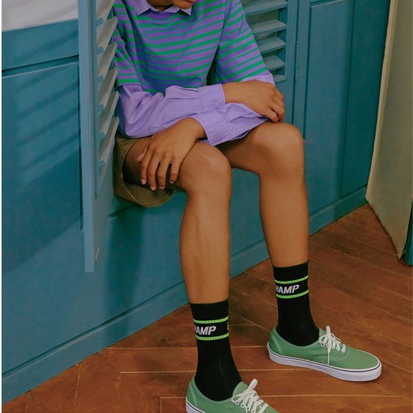 

2019 new korean gg mid-waist socks men's striped 2019 new fashion english letters combed cotton young fashion, Black