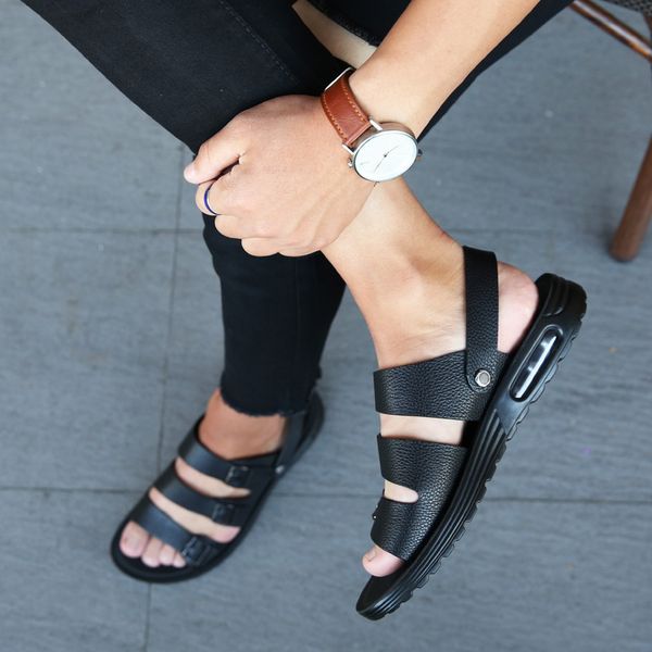 

genuine leather fashion mens roman sandals front rear strap basic summer shoes buckle strap solid men beach shoes 01d cs03, Black