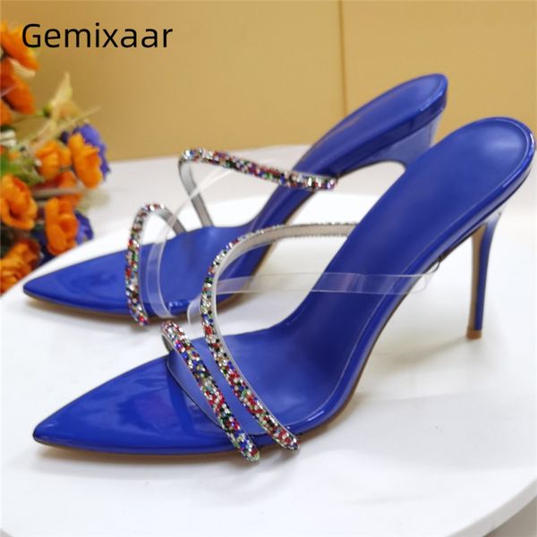 

crystal rhinestone high heel slippers women stiletto heel point toe pvc transparent slip-on summer runway shoes woman, Black