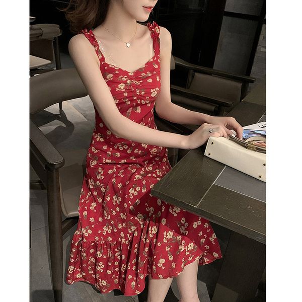 

fashion chiffon suspender dress summer 2020 summer split mid long v neck dress casual short sleeved dot print, Black;gray