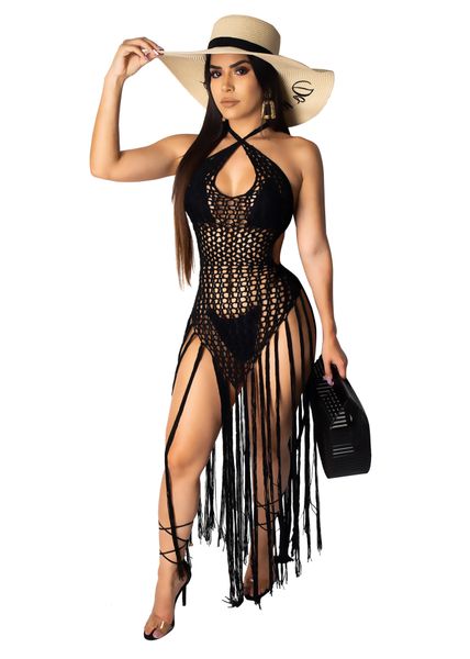 

the new summer 2020 women's long fringed european and american knitted two style fringed beach skirt, White