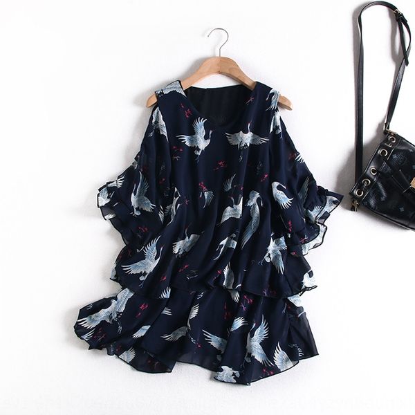 

women's 2020 shoulder-missing ruffled short sleeve chiffon flying bird print loose mid-length shirt elegant chiffon shirt, White