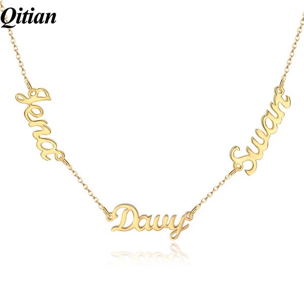 

qitian custom three names necklace personalized stainless steel two name nameplate pendant choker gift for women jewelry cx200725, Silver