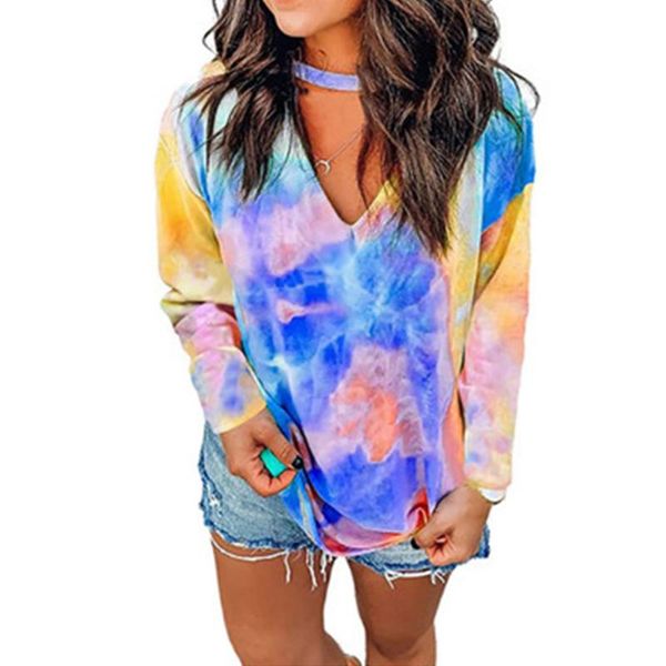 

women long sleeve tie-dye sweatshirt deep v-neck hollow design casual, White;red