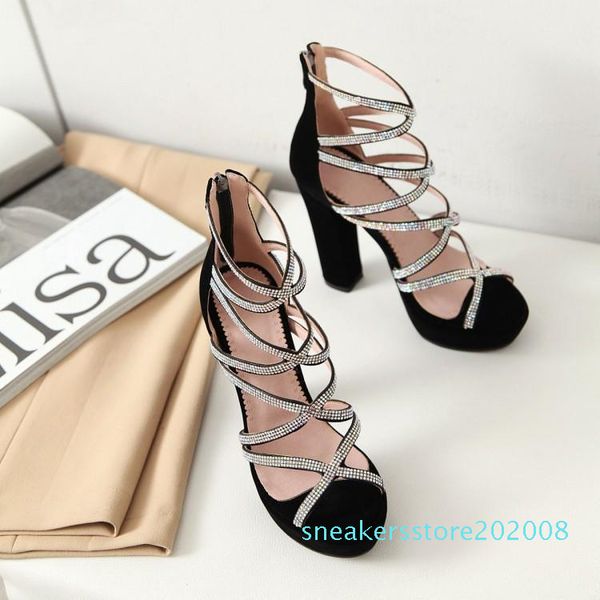 

plus size 33 to size 40 41 42 43 new platform thick high heel rhinestone prom gown dress shoes women gladiator sandals s08, Black