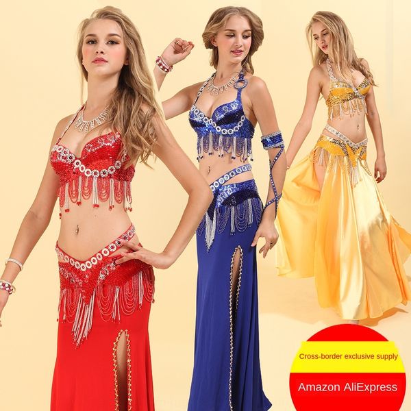 

belly clothing beads dancing clothing beaded embroidered skirt bra square dance split fishtail long skirt ethnic dance costume, Black;red