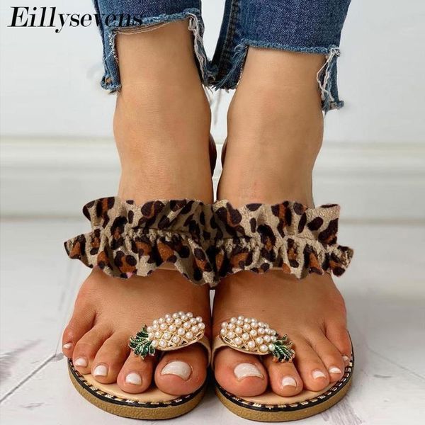

женщины трусы leopard ананас кольца toe pearl плоские повседневная обувь пляж сандалии женская обувь sandalias 2020 de mujer verano, Black