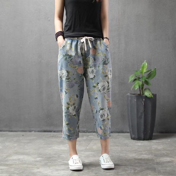 

summer jeans women large size loose casual denim pants 2020 new female elastic waist pocket print bleached vintage trousers, Blue