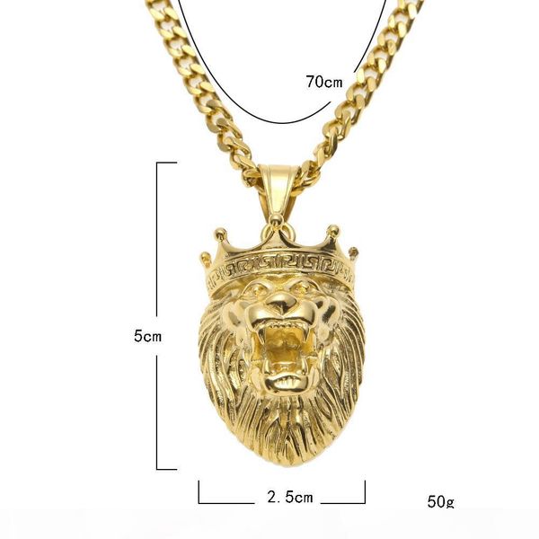 

o micro lion king crown pendant necklace 5mm 70cm cuba chain necklace gold plated stainless steel mens hip hop jewelry, Silver