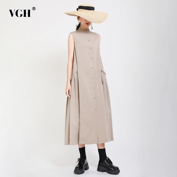 

vgh asymmetric dress for women o neck sleeveless patchwork high waist ruched pocket casual dresses female 2020 summer new style, Black;gray