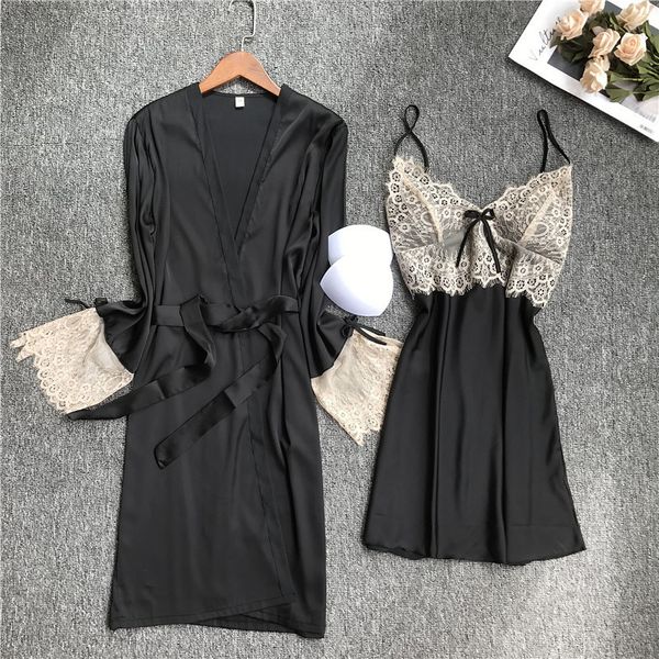 

2020 robes sets solid kimono 2pcs robe fashion bathrobe sleepwear peignoir wedding robes bridesmaid h196, Black;red