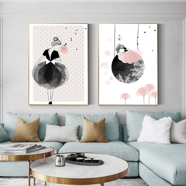 

nordic pink dress girl cartoon canvas art poster print modern wall art picture for living room home decor (no frame