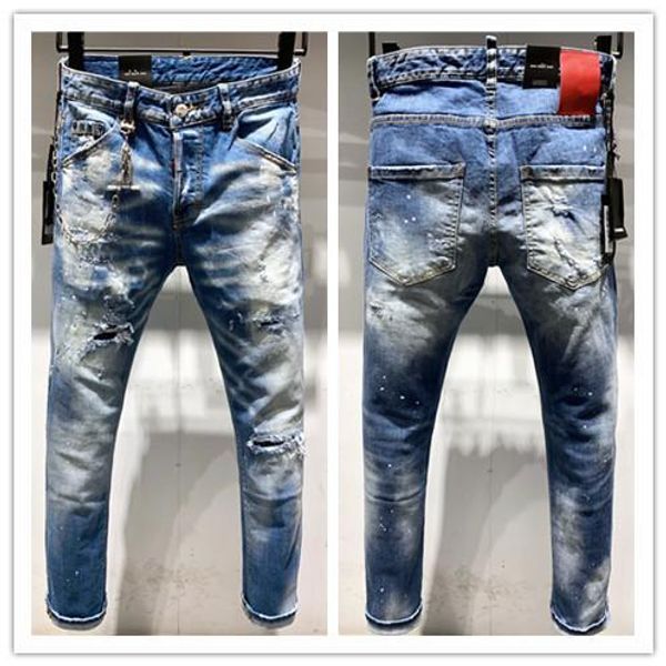 

new arrivals mens jeans designer washed ripped moto biker denim pants fashion slim tear hole hip hop jeans italy size w44-w54, Blue