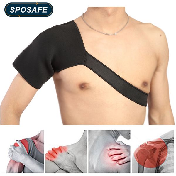 

sposafe 1pcs adjustable gym sports care single shoulder support back brace guard strap wrap belt band pads bandage men&women, Black;blue