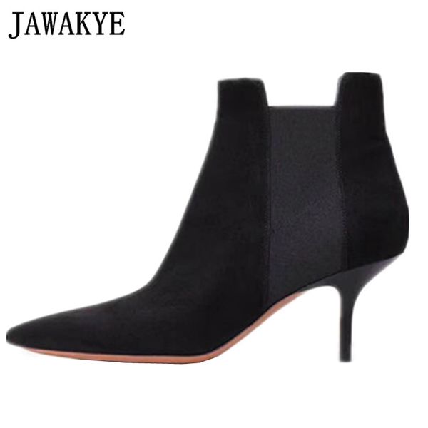 

jawakye black suede leather ankle boots women pointy toe kitten heel short boots winter formal dress woman high heel shoes