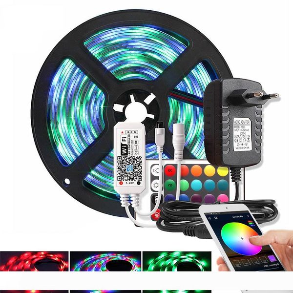 

music bluetooth wifi rgb led strip light 2835 dc 12v waterproof 5m 60 leds m ribbon led diode tape controller power adapter
